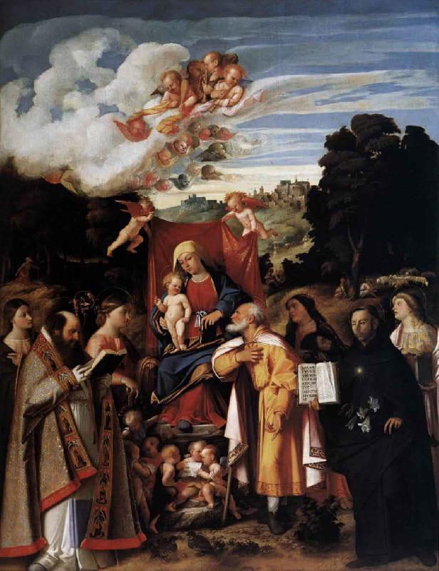 Giovanni Cariani Virgin Enthroned with Angels and Saints oil painting picture